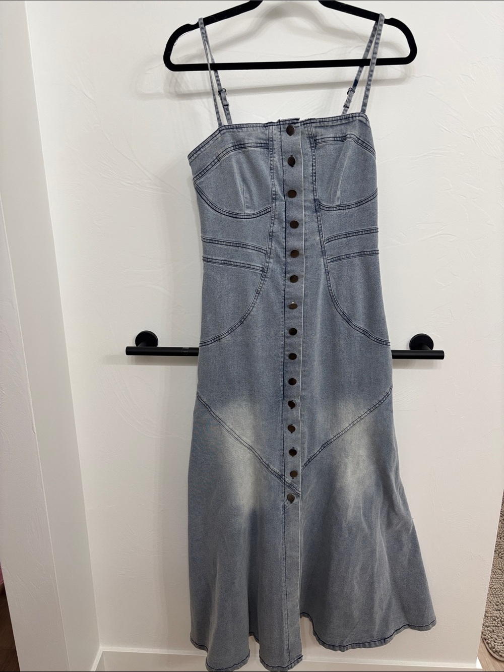 Button-Front Denim Maxi Dress with Spaghetti Straps - Light Blue